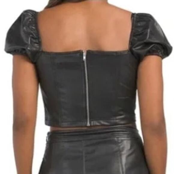 Avec Les Filles LARGE Faux Leather Puffy Sleeve Zipper Back Square Neck Crop Top - Picture 5 of 13